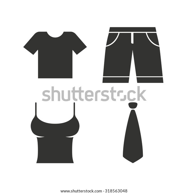 Clothes icons. T-shirt and bermuda\
shorts signs. Business tie symbol. Flat icons on white.\
Vector