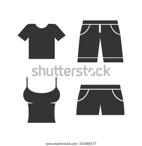 Clothes icons. T-shirt and\
bermuda shorts signs. Swimming trunks symbol. Flat icons on white.\
Vector