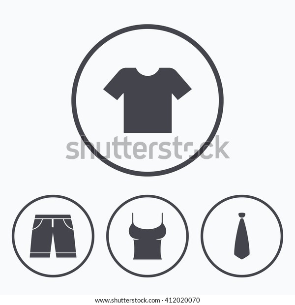 Clothes icons. T-shirt and bermuda shorts\
signs. Business tie symbol. Icons in\
circles.