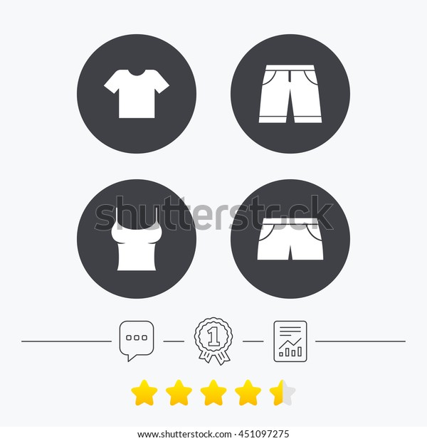 Clothes icons. T-shirt and bermuda shorts signs.\
Swimming trunks symbol. Chat, award medal and report linear icons.\
Star vote ranking.\
Vector
