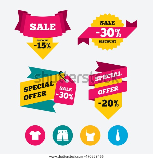 Clothes icons. T-shirt and bermuda shorts\
signs. Business tie symbol. Web stickers, banners and labels. Sale\
discount tags. Special offer signs.\
Vector