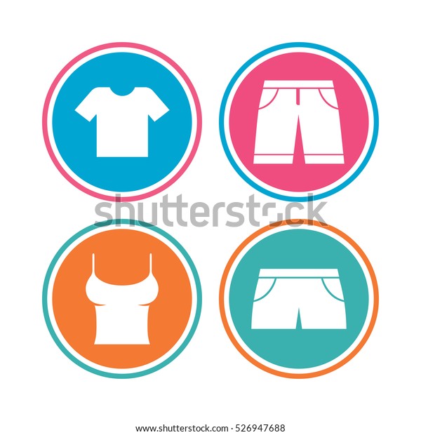 Clothes icons. T-shirt and\
bermuda shorts signs. Swimming trunks symbol. Colored circle\
buttons. Vector