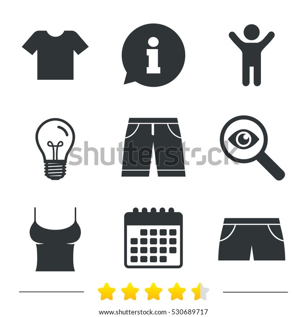 Clothes icons. T-shirt and bermuda shorts signs.\
Swimming trunks symbol. Information, light bulb and calendar icons.\
Investigate magnifier.\
Vector