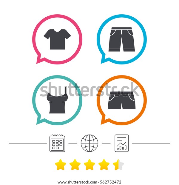 Clothes icons. T-shirt and bermuda shorts\
signs. Swimming trunks symbol. Calendar, internet globe and report\
linear icons. Star vote ranking.\
Vector