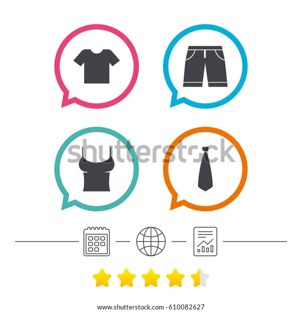 Clothes icons. T-shirt and bermuda shorts\
signs. Business tie symbol. Calendar, internet globe and report\
linear icons. Star vote ranking.\
Vector