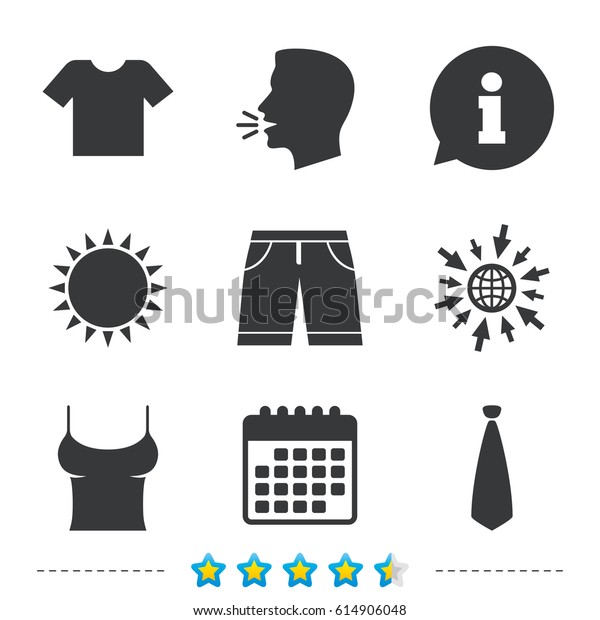 Clothes icons. T-shirt and bermuda shorts\
signs. Business tie symbol. Information, go to web and calendar\
icons. Sun and loud speak symbol.\
Vector