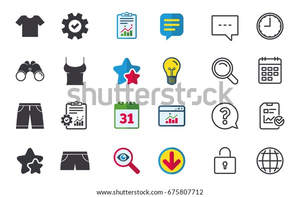 Clothes icons.\
T-shirt and bermuda shorts signs. Swimming trunks symbol. Chat,\
Report and Calendar signs. Stars, Statistics and Download icons.\
Question, Clock and Globe.\
Vector
