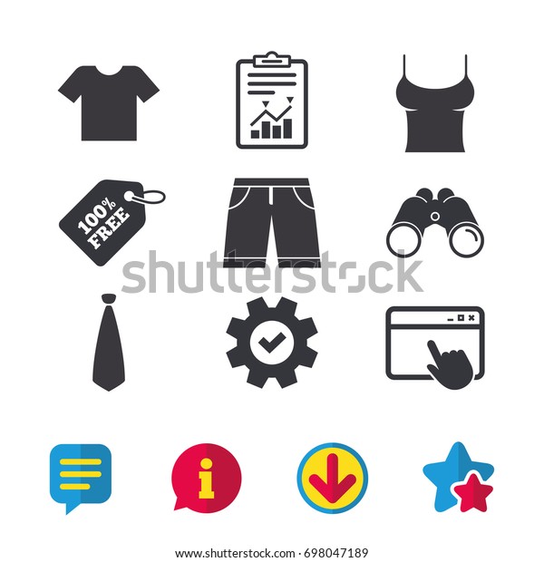 Clothes icons.\
T-shirt and bermuda shorts signs. Business tie symbol. Browser\
window, Report and Service signs. Binoculars, Information and\
Download icons. Stars and Chat.\
Vector