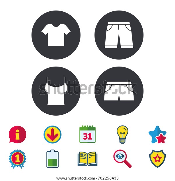 Clothes\
icons. T-shirt and bermuda shorts signs. Swimming trunks symbol.\
Calendar, Information and Download signs. Stars, Award and Book\
icons. Light bulb, Shield and Search.\
Vector