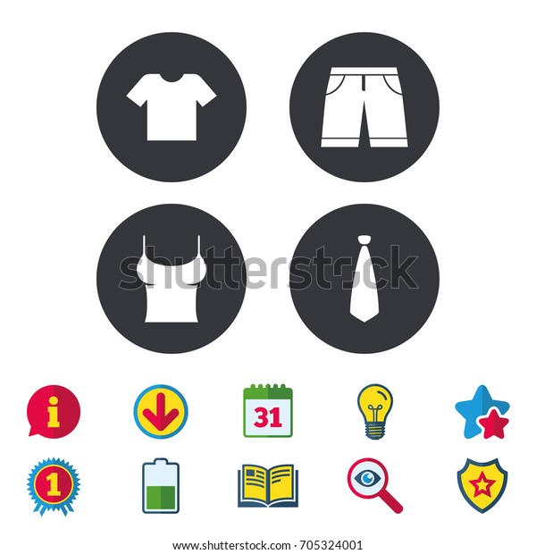 Clothes\
icons. T-shirt and bermuda shorts signs. Business tie symbol.\
Calendar, Information and Download signs. Stars, Award and Book\
icons. Light bulb, Shield and Search.\
Vector