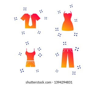 Clothes icons. T-shirt with business tie and pants signs. Women dress symbol. Random dynamic shapes. Gradient clothes icon. Vector