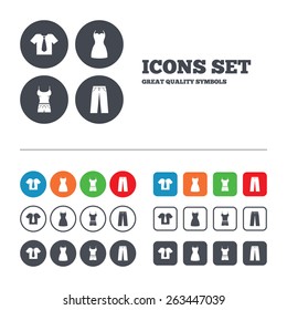Clothes icons. T-shirt with business tie and pants signs. Women dress symbol. Web buttons set. Circles and squares templates. Vector 