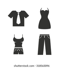 Clothes icons. T-shirt with business tie and pants signs. Women dress symbol. Flat icons on white. Vector