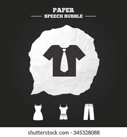 Clothes icons. T-shirt with business tie and pants signs. Women dress symbol. Paper speech bubble with icon.