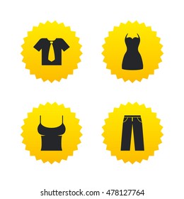 Clothes icons. T-shirt with business tie and pants signs. Women dress symbol. Yellow stars labels with flat icons. Vector