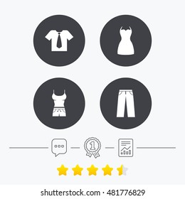 Clothes icons. T-shirt with business tie and pants signs. Women dress symbol. Chat, award medal and report linear icons. Star vote ranking. Vector