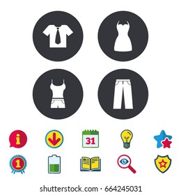 Clothes icons. T-shirt with business tie and pants signs. Women dress symbol. Calendar, Information and Download signs. Stars, Award and Book icons. Light bulb, Shield and Search. Vector