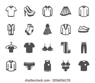 Clothes icons. T-shirt, Footwear and bathrobe icons. Hoody sweatshirt, T-shirt with hanger and suit. Skirt, Women dress and high heels shoes. Socks, panties with bra and bathrobe. Vector