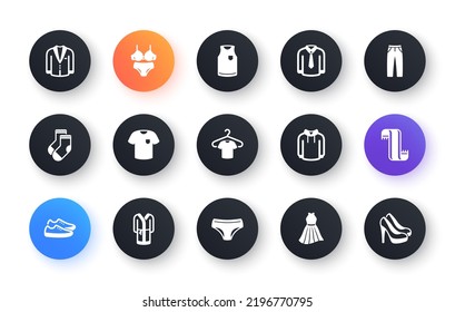 Clothes icons. T-shirt, Footwear and bathrobe icons. Hoody sweatshirt, T-shirt with hanger and suit. Skirt, Women dress and high heels shoes. Socks, panties with bra and bathrobe. Vector