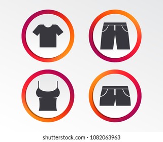 Clothes icons. T-shirt and pants with shorts signs. Swimming trunks symbol. Infographic design buttons. Circle templates. Vector