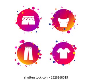 Clothes icons. T-shirt and pants with shorts signs. Swimming trunks symbol. Gradient circle buttons with icons. Random dots design. Vector