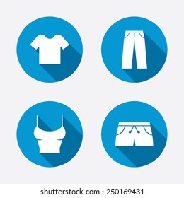 Clothes icons. T-shirt and pants with shorts signs. Swimming trunks symbol. Circle concept web buttons. Vector