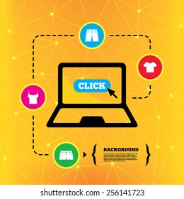 Clothes icons. T-shirt and pants with shorts signs. Swimming trunks symbol. Notebook device orange background with icons. Vector