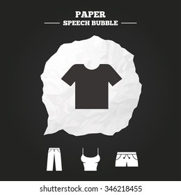 Clothes icons. T-shirt and pants with shorts signs. Swimming trunks symbol. Paper speech bubble with icon.