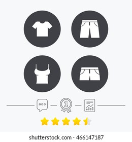 Clothes icons. T-shirt and pants with shorts signs. Swimming trunks symbol. Chat, award medal and report linear icons. Star vote ranking. Vector