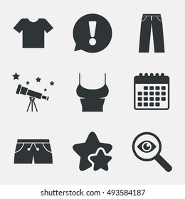 Clothes icons. T-shirt and pants with shorts signs. Swimming trunks symbol. Attention, investigate and stars icons. Telescope and calendar signs. Vector