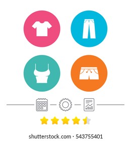 Clothes icons. T-shirt and pants with shorts signs. Swimming trunks symbol. Calendar, cogwheel and report linear icons. Star vote ranking. Vector