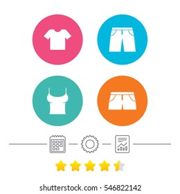 Clothes icons. T-shirt and pants with shorts signs. Swimming trunks symbol. Calendar, cogwheel and report linear icons. Star vote ranking. Vector