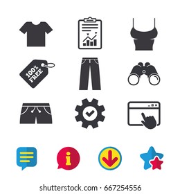 Clothes icons. T-shirt and pants with shorts signs. Swimming trunks symbol. Browser window, Report and Service signs. Binoculars, Information and Download icons. Stars and Chat. Vector