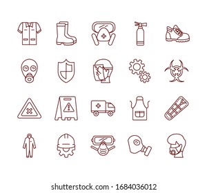 clothes and industrial security icon set over white background, line style, vector illustration