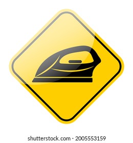 Clothes iron black icon on yellow road sign frame. Electronic appliance heat press symbol. Vector illustration.