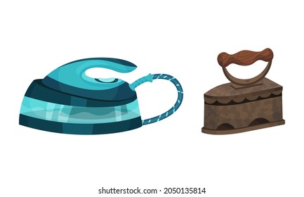 Clothes Iron as Home Appliance for Removing Creases on Clothing Vector Set