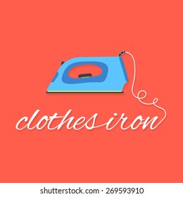 clothes iron lettering on red background. concept of ironing, drudgery, electricity, homework, laundry room, dry cleaning of linen, housewife. flat style modern logo design eps10 vector illustration