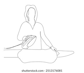 Clothes ironing in continuous line art drawing style. Modern electric smoothing iron and shirt on ironing board black linear sketch isolated on white background. Vector illustration