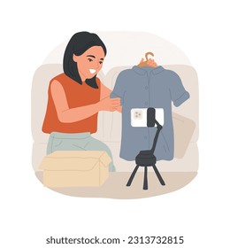 Clothes isolated cartoon vector illustration. Teenage vlogger shooting clothing review video, recording testimonial on smartphone standing on tripod, content creation vector cartoon.