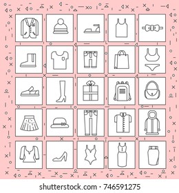 Clothes Items Set Of Icons Thin Line On Abstract Pink Background Vector Illustration