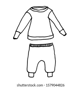Clothes kids in line, doodle style on isolated white background. Hand drawn black outline. Stock vector illustration.
