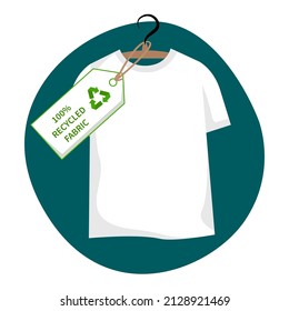 Clothes with label - 100 recycled fabric, percent sign. White t-shirt on hanger with eco label, clothing recycling concept. Flat vector illustration isolated on white background