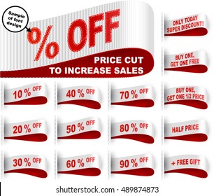 Clothes labels with percentage of price cuts and marketing phrases; Discount today only; Buy one, get one free gift; Half price; 10; 20; 50; % off; White red vector set Eps10