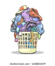 Clothes laundry basket. Cartoon dirty textile clothes pile in laundry basket vector illustration isolated on white background