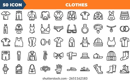 Clothes Line Editable Icons set. Vector illustration in modern thin line style of clothes icons: T-shirt, Pants, Jacket, Dress, etc