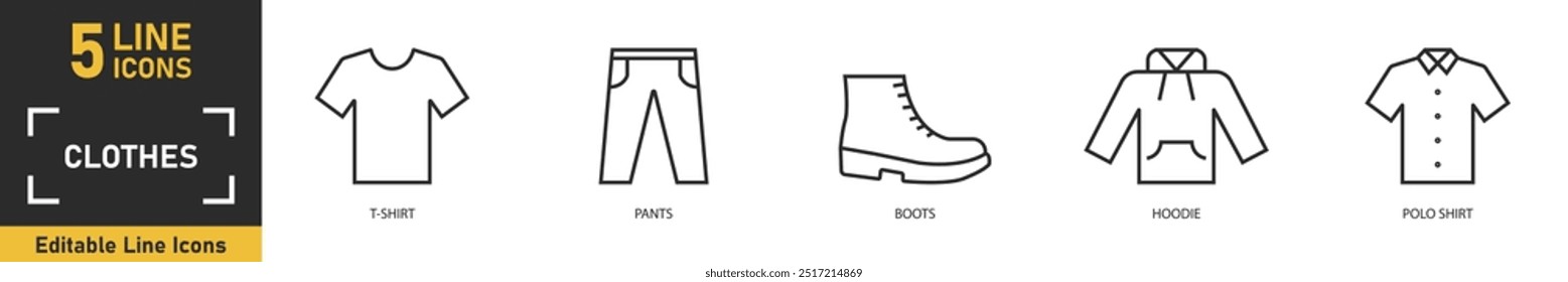Clothes line icon set. Set of 5 outline icons related to tshirt, pants, boots, hoodie, polo shirt and more. Vector illustration.
