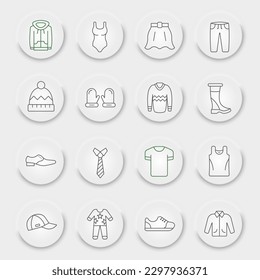 Clothes line icon set, clothing symbols collection, vector sketches, neumorphic UI UX buttons, wear signs linear pictograms package isolated on white background, eps 10.
