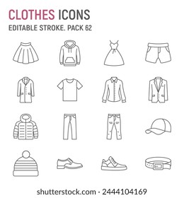 Clothes line icon set, garment collection, vector graphics, logo illustrations, apparel vector icons, clothing signs, outline pictograms, editable stroke