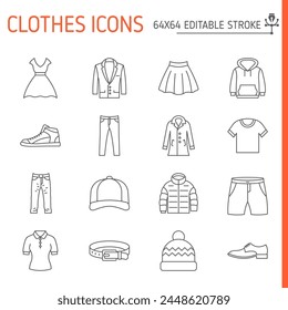 Clothes line icon set, garment vector collection, logo illustrations, clothing symbols vector icons, outline style pictogram pack, editable stroke icons.