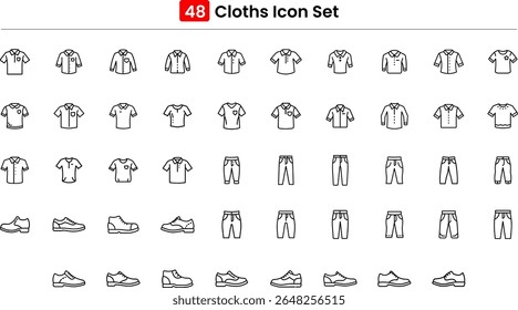 Clothes line icon set, outline vector symbol collection, linear style pictogram pack. Signs, logo illustration. Editable stroke. Set includes icons as shirt, t-shirt, shorts, sneakers